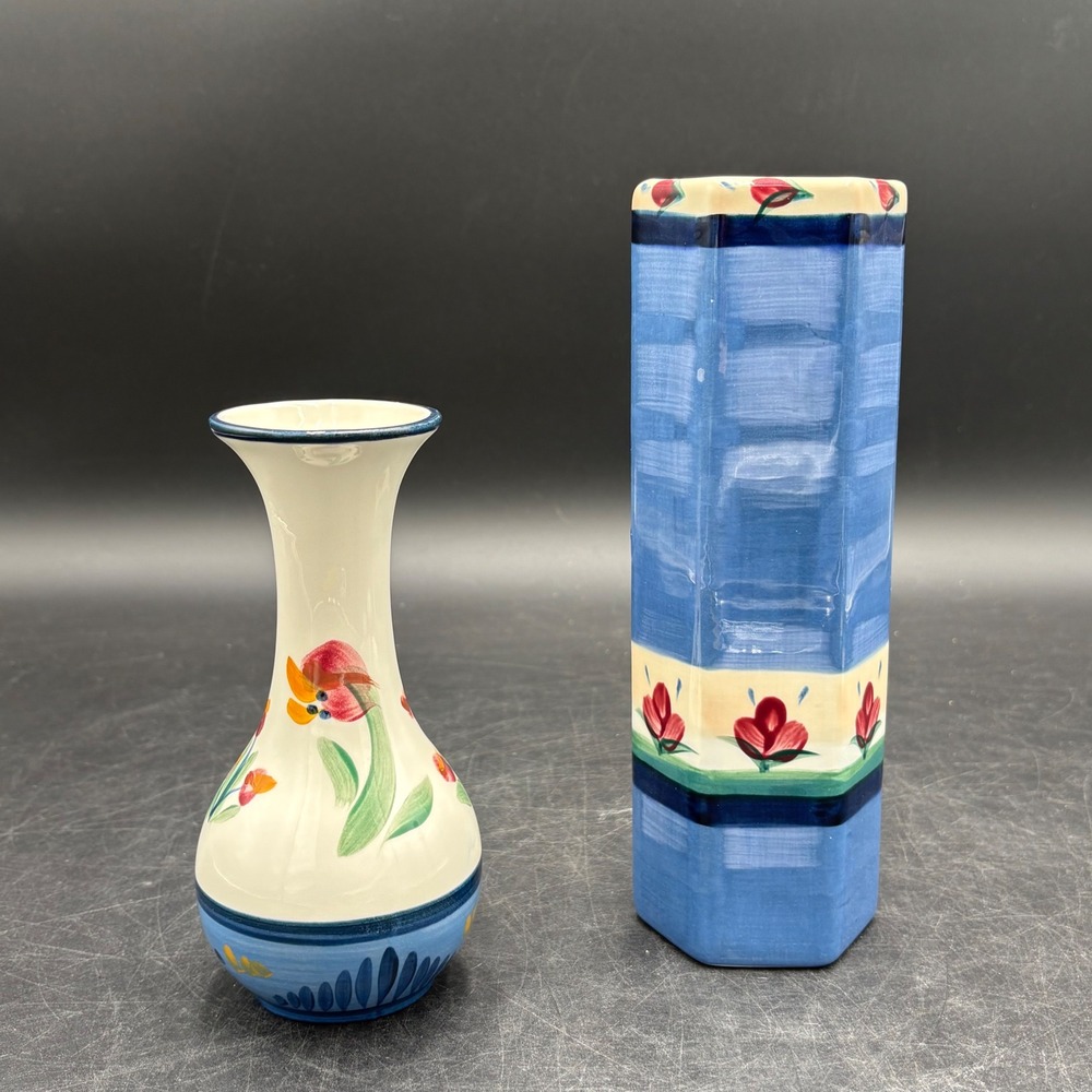 Gail Pittman Vases Set 2 Blue Red Floral Ceramic Excellent Hand Painted Vintage